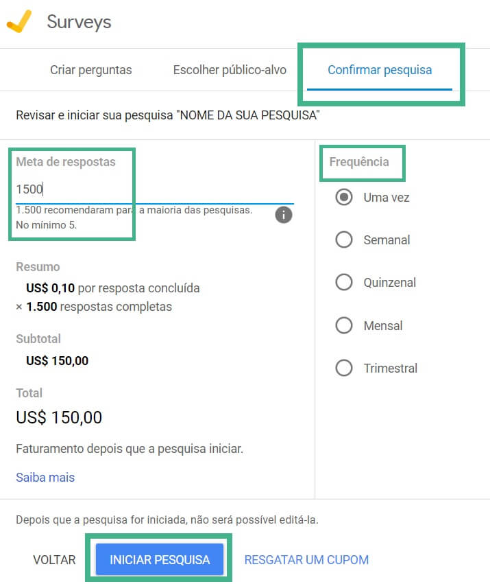 Conformacoes finais da pesquisa no Google Survey