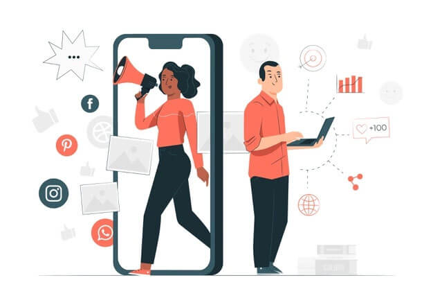 Como divulgar meu site: ilustração de uma mulher saindo de um smartphone gigante com um megafone na mão. Ao seu lado, há um homem parado com um notebook nas mãos. Ao fundo, é possível ver elementos relacionados às mídias digitais.