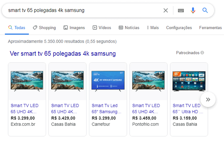 Exemplo de anuncio Google Ads para Google shopping