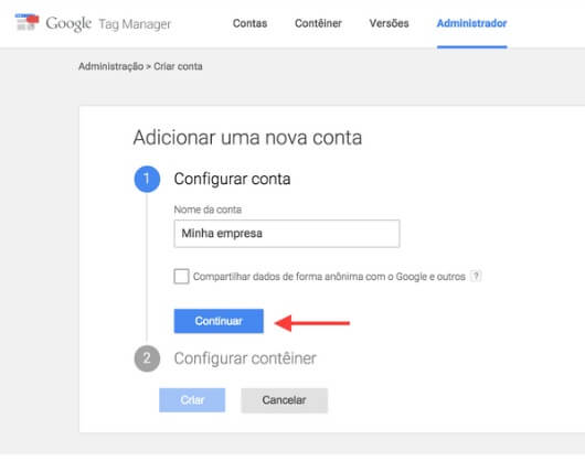 Criar sua conta no Google Tag Manager