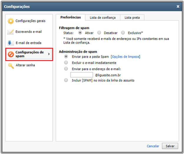 Para ativar ou desativar o Anti-SPAM do seu e-mail profissional