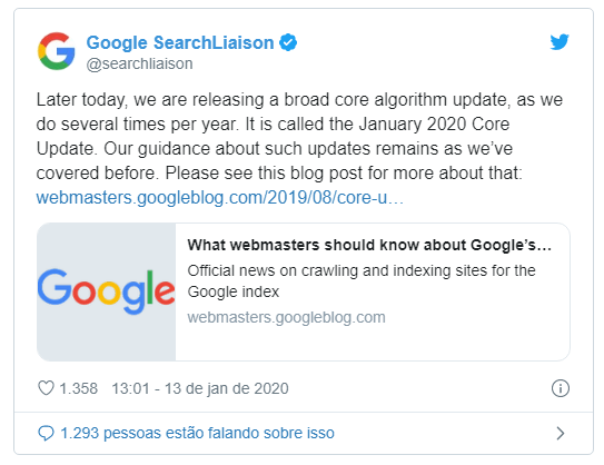 Tweet do Google SearchLiaison falando sobre a nova atualização da plataforma